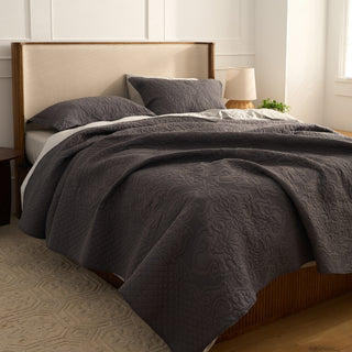 Dark Charcoal Embossed Quilt Set