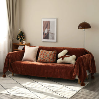 Festive Luxurious Soft Sofa Cover with Pompom Ball Decorations for Holiday Cheer